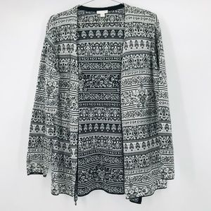 J Jill Cotton Open Front Lightweight Cardigan Printed Black White Size XS